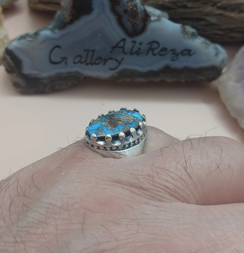 Turquoise Neyshaburi shajari 925 silver sterling men ring, Shia Muslim Nishapur Feroza Ring,