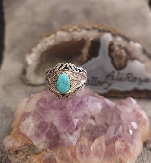 Turquoise Neyshaburi shajari 925 silver sterling men ring, Shia Muslim Ring