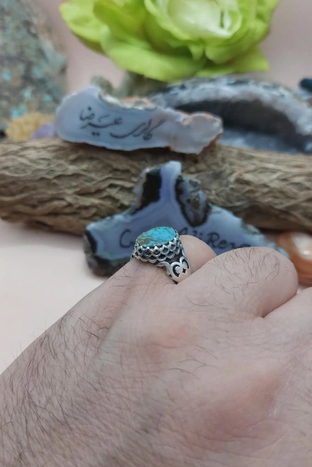 Persian Turquoise Neyshapuri shajari 925 silver sterling men ring, Feroza Nishapur Shia Muslim Jewellery,