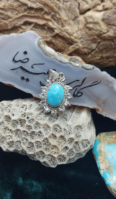 Feroza Nishapuri 925 Sterling Silver Pendant, Turquoise Nishaburi 925 Sterling Silver Pendant