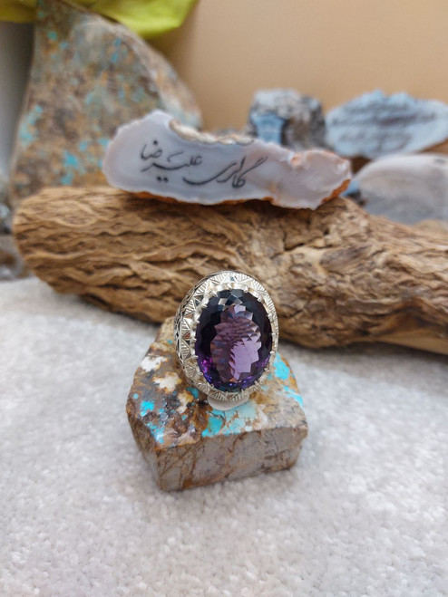 Untreated Brazilian Amethyst 925 Silver Men Islamic Muslin Shia Ring