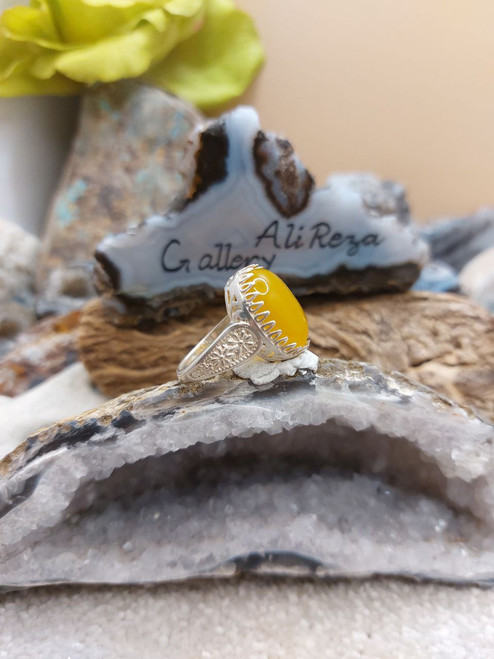 Authentic Sharaf al Shams 925 Sterling Silver Ring Natural Yellow Aqeeq