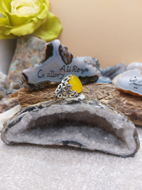 Authentic Sharaf al Shams 925 Sterling Silver Ring Natural Yellow Aqeeq