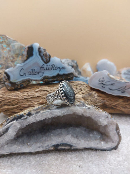 Hematite 925 Sterling Silver Men Ring, Ya Ali, Ya Fatima, 4 Salam Ziarat Ashura, against Evil Eyes , Repels Negativity , Protection armour Hematite 925 Sterling Silver Men Ring, Ya Ali, Ya Fatima, 4 Salam Ziarat Ashura, against Evil Eyes , Repels Negativity , Protection armour