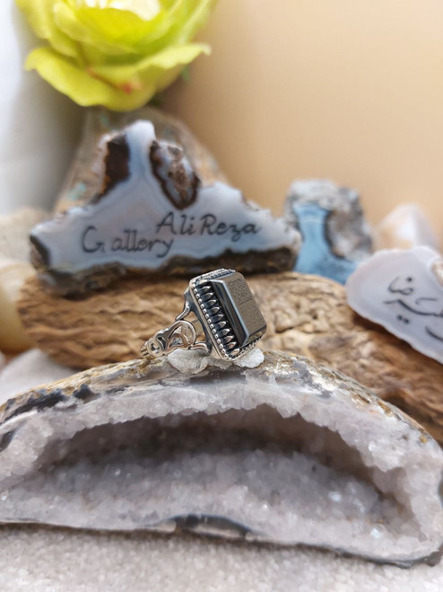 Hematite 925 Sterling Silver Men Ring, Ya Ali, Ya Fatima, 4 Salam Ziarat Ashura, against Evil Eyes , Repels Negativity , Protection armour Hematite 925 Sterling Silver Men Ring, Ya Ali, Ya Fatima, 4 Salam Ziarat Ashura, against Evil Eyes , Repels Negativity , Protection armour