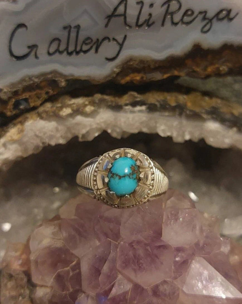 Persian Turquoise Nishapur ajami, 925 silver sterling ladies ring, Shia Muslim Feroza Ring,