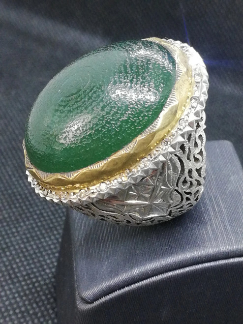 Green Yashm Jade Yemeni with Brilliant Big Hand Engraved Etched 925 Silver Ring Mount Ziyarat Ziarat Ashura Engraved زیارت عاشورا امام حسین RM76AY