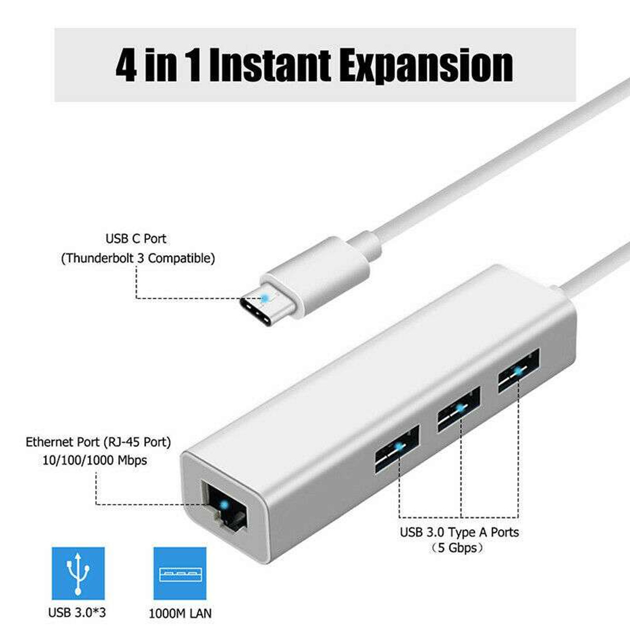 USB-C® to Ethernet Adapter with 3-Port USB Hub - Black, USB Hubs and Cards, USB Cables, Adapters, and Hubs