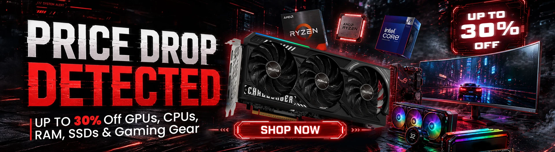 Massive gaming PC parts sale featuring RTX graphics cards, Ryzen CPUs, DDR5 RAM, gaming monitors and RGB cooling systems in New Zealand