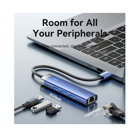 Vention USB-A to USB-A x 3/RJ45/USB-C Hub Blue Aluminum Alloy