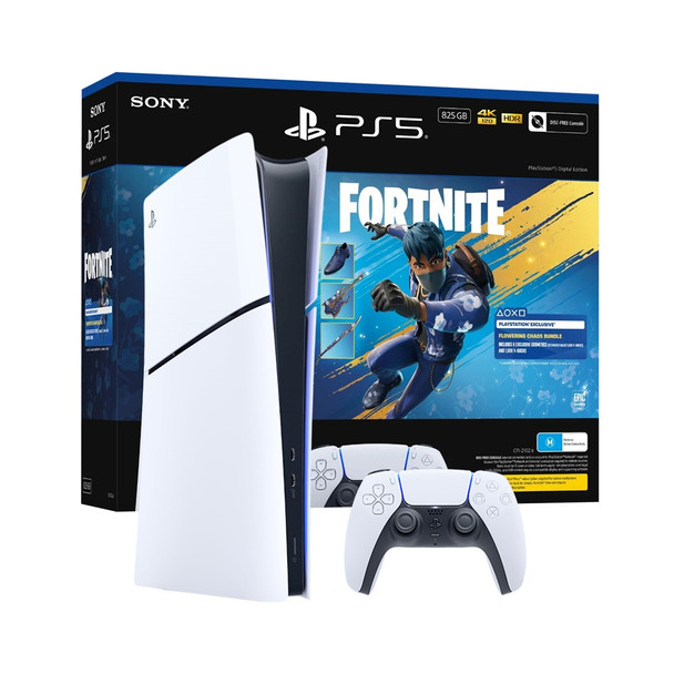 Buy the Sony PS5 PlayStation 5 Slim Digital Edition 825GB Console - Fortnite Flowering Chaos Bundle ( PS5DIGSLMAFFC ). Shop online at Extremepc.co.nz