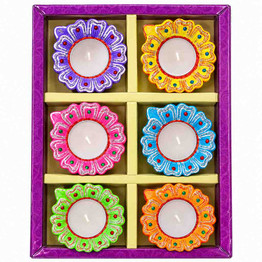 Colorful Flower-Shaped Decorative Diya Set with Tealight Candles – 6 Pcs