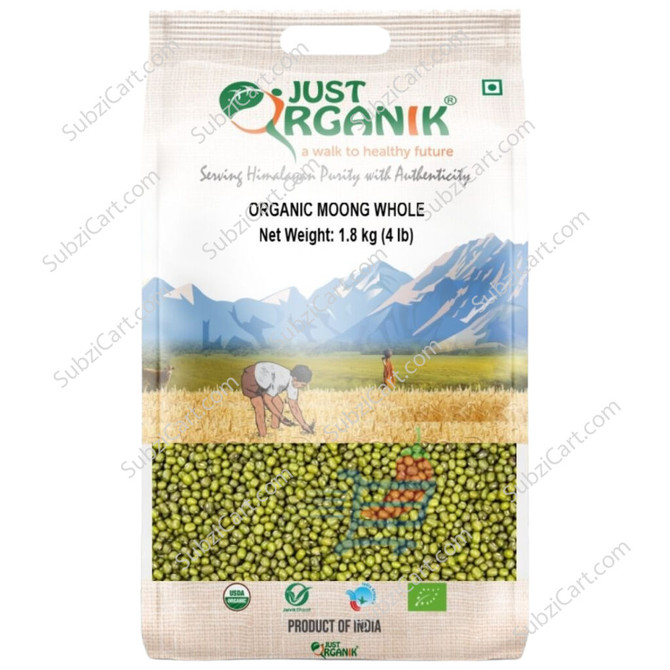 Just Organik Green Moong Whole, 4 Lb