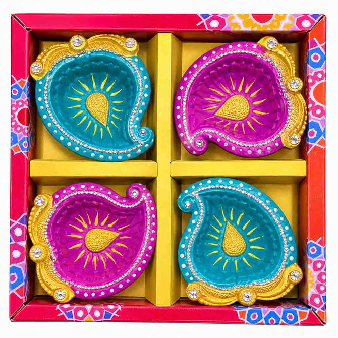 Diwali Diyas Colored Designed,  4 Count