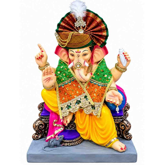 Premium Royal Ganesha Idol with Green & Maroon Peshwa Turban, 18 - 24 Inch