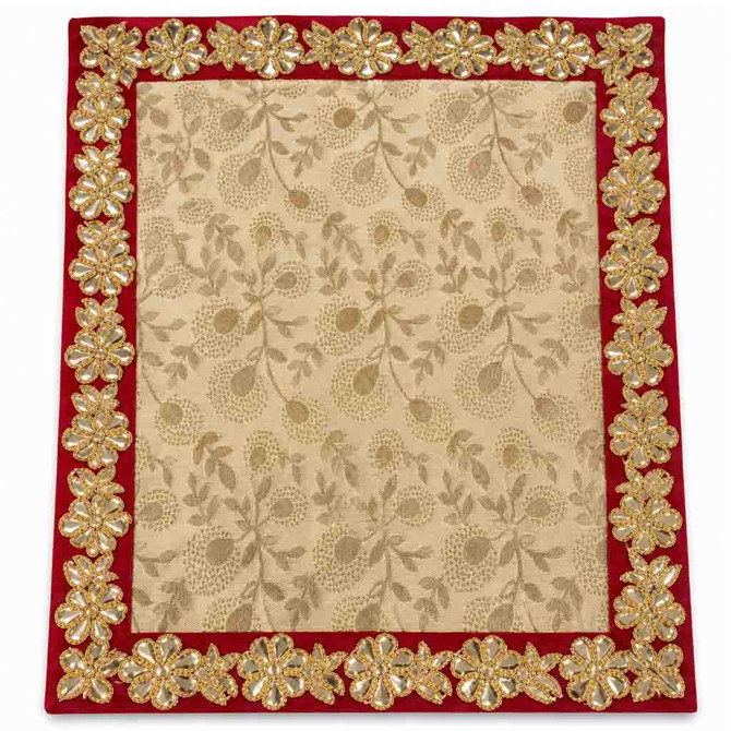 Premium Red & Gold Embroidered Decorative Pooja Chowki Cover (Aasan Size 13X19), 1 Pc