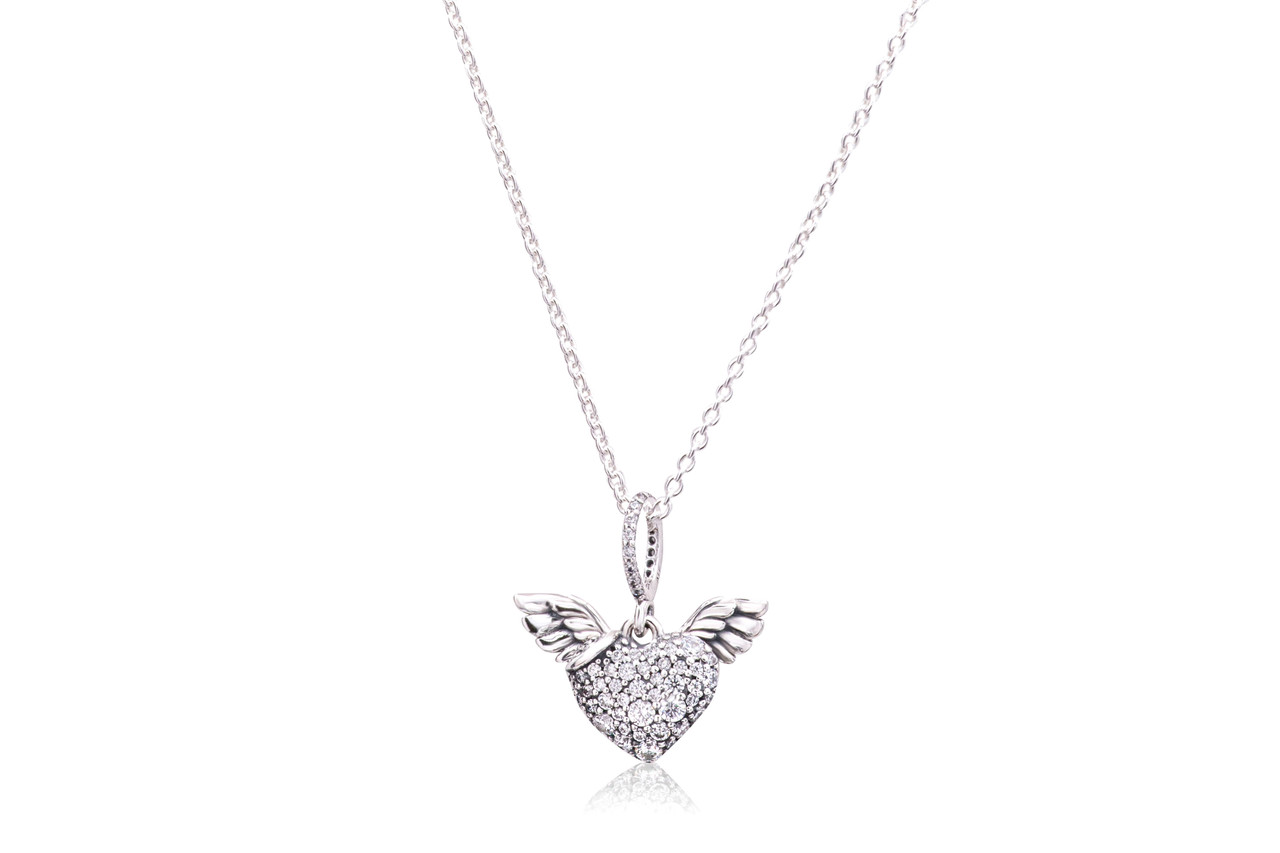 Pandora Pave Heart and Angel Wings Necklace 398505C01