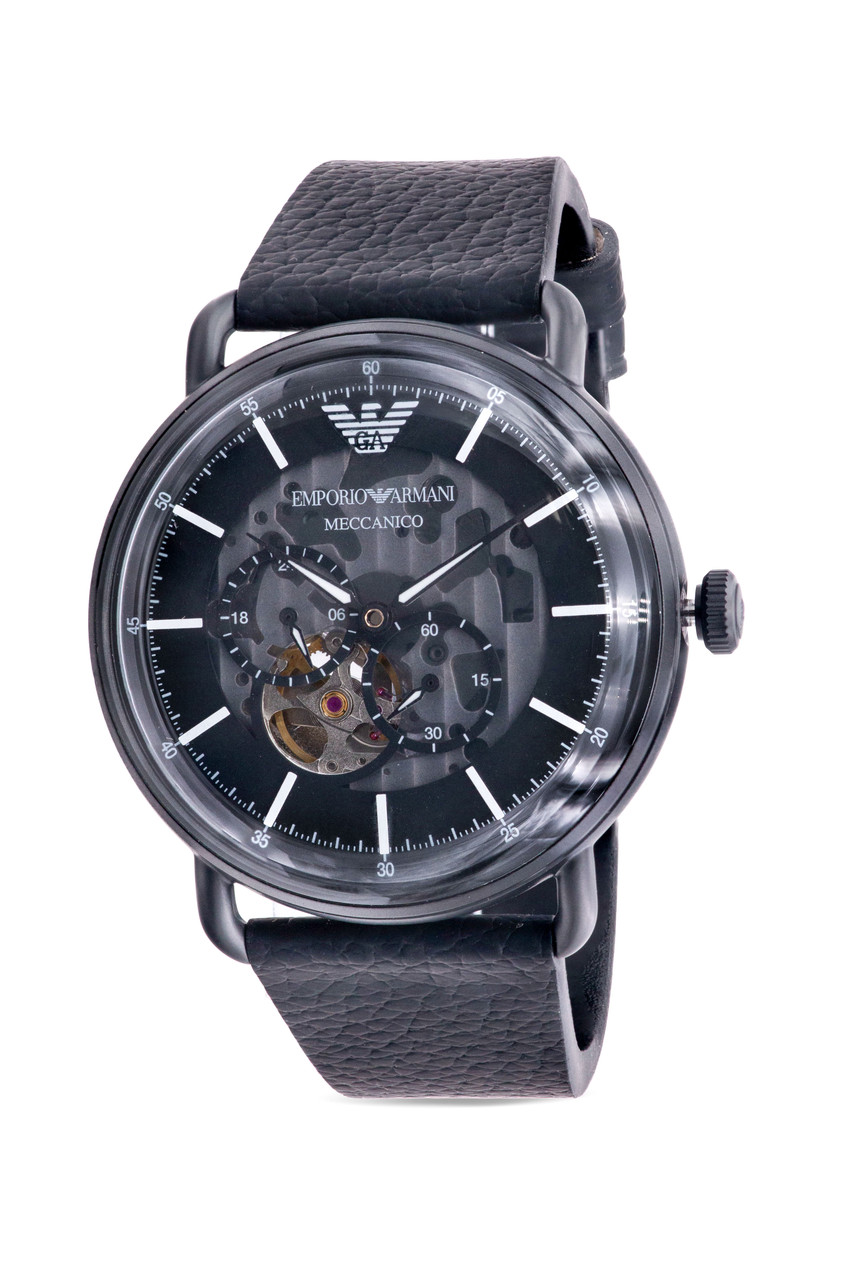 Emporio Armani Aviator Black Leather Automatic Mens Watch AR60028