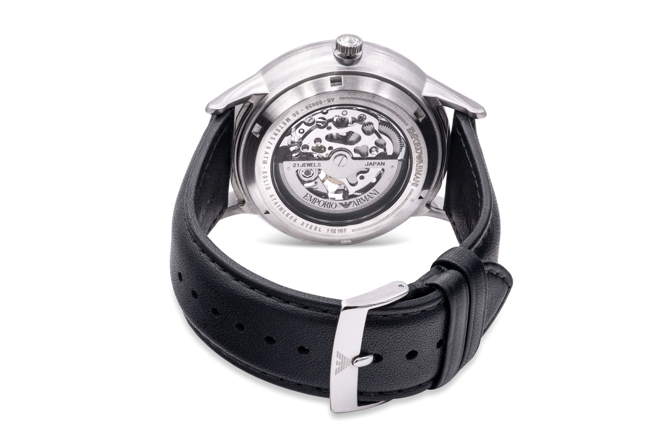 【美品】EMPORIO ARMANI スケルトン レザー ブラックAR60038 Emporio Armani Black Leather Automatic Mens Watch AR60038