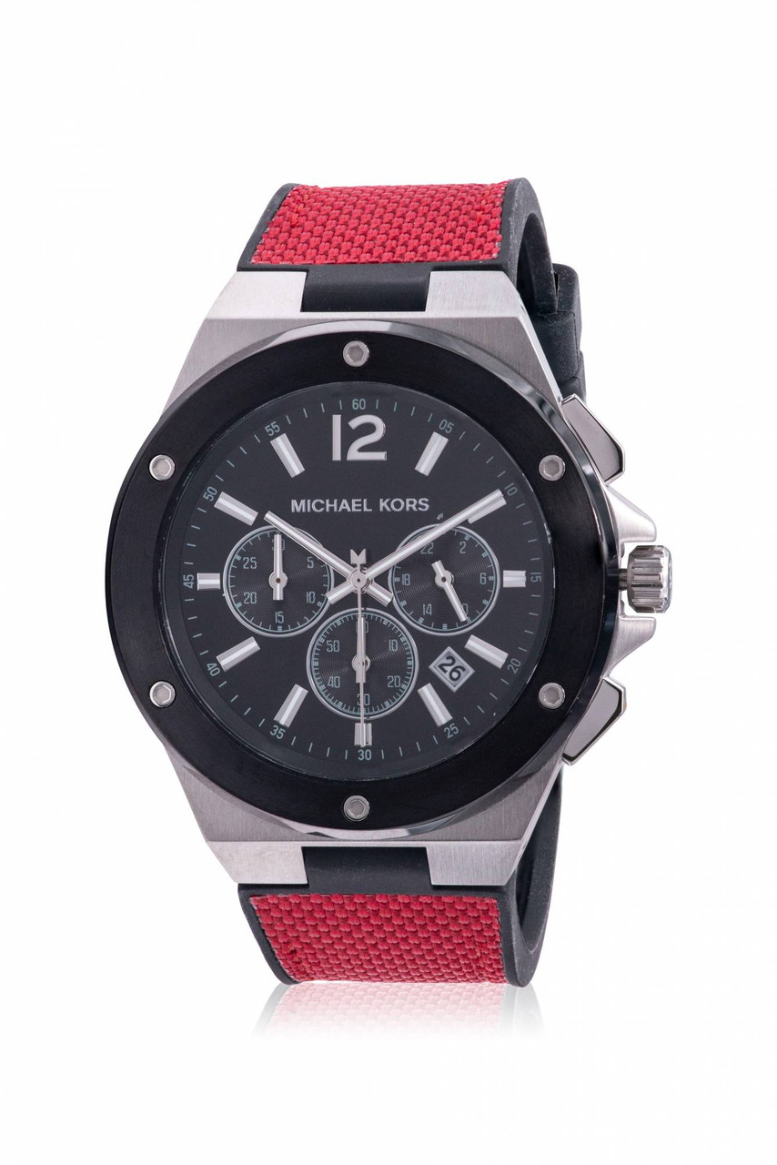 Michael Kors Mens Lennox Chronograph Watch Black Dial Red Canvas Silicone  Band  eBay