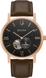 Bulova American Clipper Automatic Leather Rose Gold-Tone Mens Watch 97A155