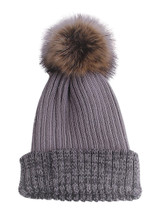 Cozy Time Two Tone Winter Fur Pom Acrylic Knitted Beanie Hats for Extra Warmth and Comfort - Gray/Lilac 10106-GRAYLILAC