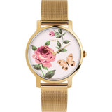 Timex Womens Full Bloom 34mm Gold-tone Case Pink Floral Dial Mesh Band TW2U19100