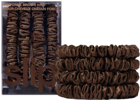 Slip Silk Skinny Scrunchies  - Elastic Scrunchies Set (Set Of 4) - Dark Brown 850004304914