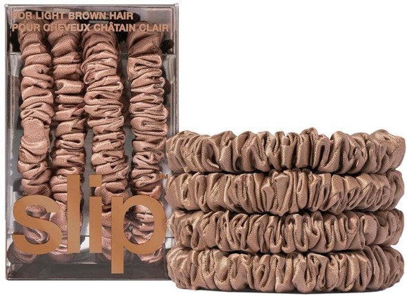 Slip Silk Skinny Scrunchies - Elastic Scrunchies Set (Set Of 4) - Light Brown 850004304921