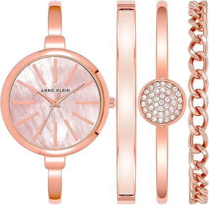 Anne Klein Rose Gold-Tone Blush Pink Mother-of-Pearl Bangle Set Ladies Watch AK/1470BHST