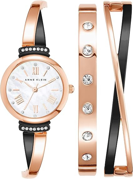 Anne Klein Rose Gold and Gunmetal Grey Mother-of-Pearl Bangle Set Ladies Watch AK/2245GYST