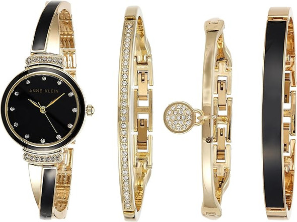 Anne Klein Gold-Tone Black Dial X-Shaped Bangle Set Ladies Watch AK/2716BKST