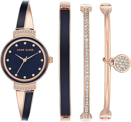 Anne Klein Rose Gold-Tone Navy Blue X-Shaped Bangle Set Ladies Watch AK/2716NVST