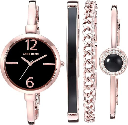 Anne Klein Rose Gold-Tone Black Dial Bangle Set Ladies Watch AK/3290BKST