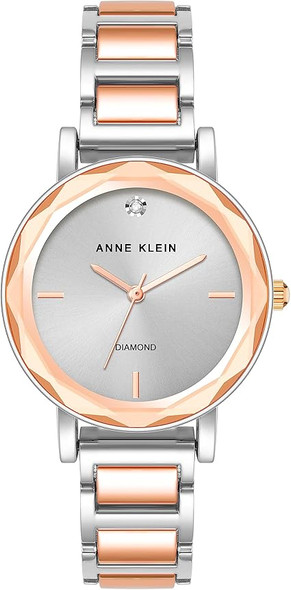Anne Klein Two-Tone Silver and Rose Gold Facetted Crystal Diamond Accent Ladies Watch AK/3967SVRT