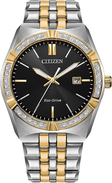 Citizen Corso Diamond Bezel Black Dial Two-Tone Stainless Steel Mens Watch BM7644-51E