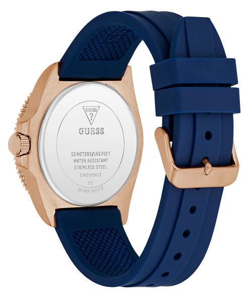 Guess Sport Blue Silicone Rose Gold Tone Mens Watch GW0969G3