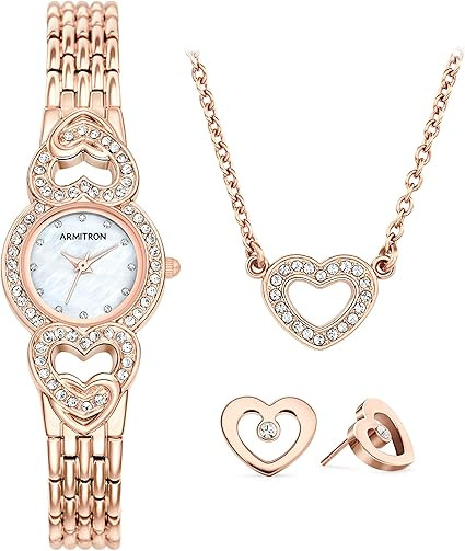 Armitron Rose Gold Heart Jewelry Set Ladies Watch 75-5650MPRGST