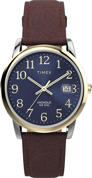 Timex Mens Easy Reader 35mm Watch - Brown Strap Blue Dial Silver-Tone Case TW2W54500