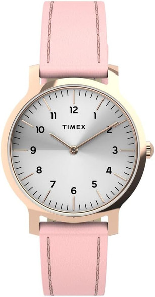 Timex Essential Norway 34mm Silver Dial Pink Leather Ladies Watch TW2U22700