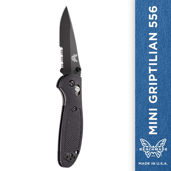 Benchmade Mini Griptilian 556 EDC Manual Knife Drop-Point Blade/Serrated Edge/Coated Finish Black Handle 556SBK-S30V