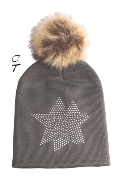 Cozy Time Star Embellished Fur Pom Hat For Extra Warmth and Comfort - Gray 10105-GRAY
