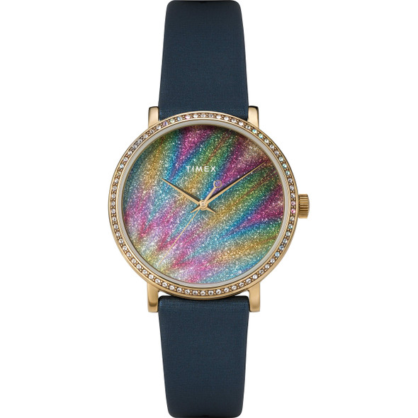 Timex Womens Celestial Opulence 38mm Gold-tone Case with Crystals / Glitter Dial / Blue Leather Strap TW2U40800