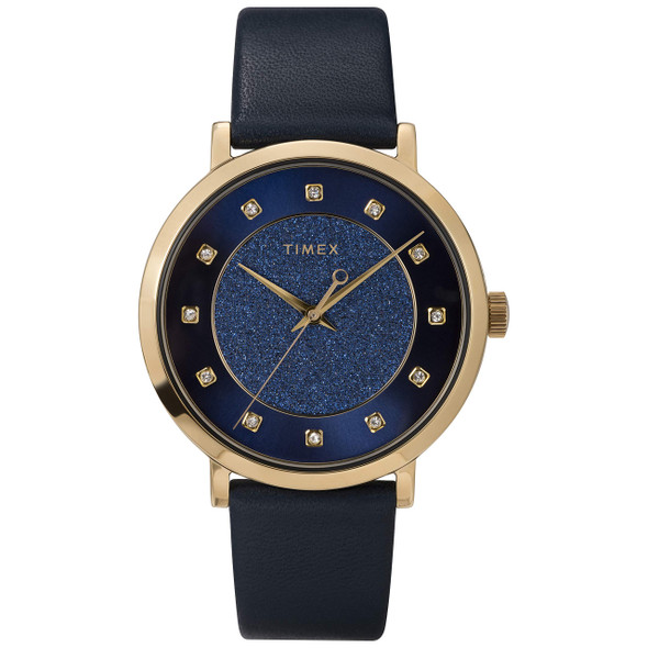 Timex Womens Celestial Opulence 38mm Gold-tone Case / Blue Glitter Dial with Crystal Markers / Blue Leath TW2U41100