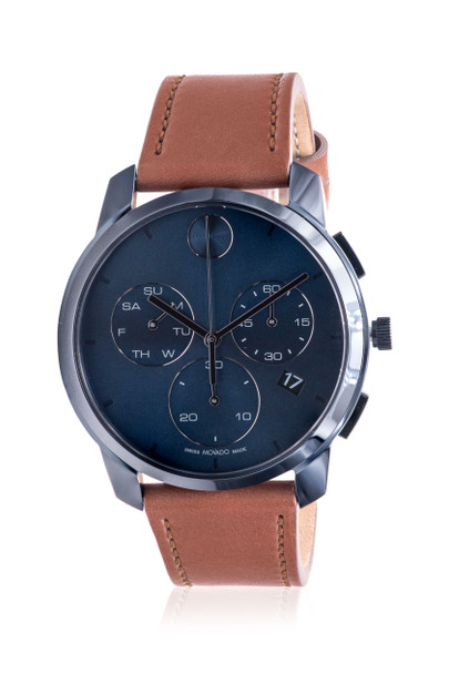 Movado Bold Thin Blue IP Brown Leather Chronograph Mens Watch 3600834