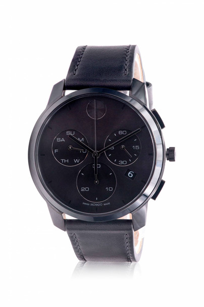Movado Bold Thin Black IP Black Leather Chronograph Mens Watch 3600835