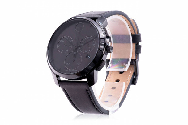 Movado Bold Thin Black IP Black Leather Chronograph Mens Watch 3600835