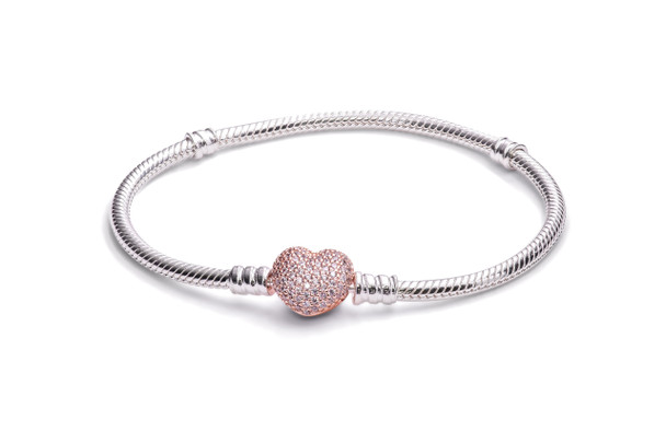 PANDORA Bracelet in sterling silver with heart-shaped PANDORA Rose clasp with clear CZ 586292CZ-16