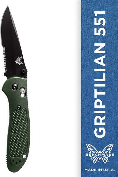 Benchmade - Griptilian 551 Knife - Drop-Point Blade - Serrated Edge - Coated Finish - Olive Handle 551SBKOD