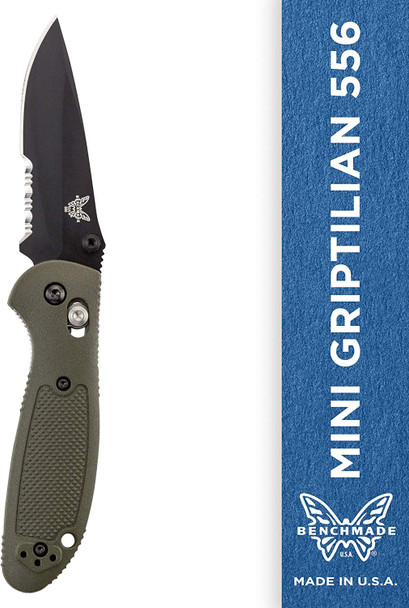 Benchmade - Mini Griptilian 556 EDC Manual Open Folding Knife Drop-Point Blade - Serrated Edge - Coated Finish - Olive Handle 556SBKOD